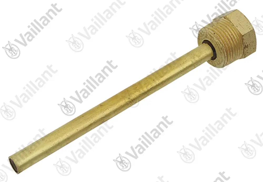 Brass Tauchhülse mit gewendeltem Ende, gefertigt von Vaillant, zur Montage in Heizsystemen. Nicht spezifische Maße oder Artikelnummern auf dem Bild erkennbar.